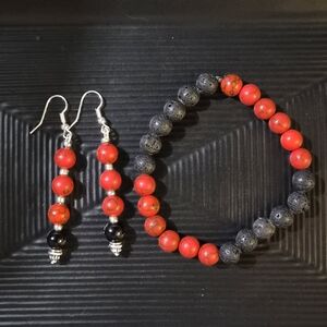 Handmade Red Turquise And Black Stone Earring And Bracelet Set